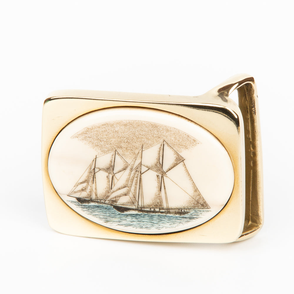 Schooners Buckle Sm - Scrimshaw, Mammoth Ivory, Solid Brass