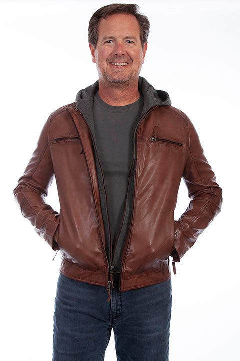 Brown Lambskin Leather Jacket - Hooded Insert