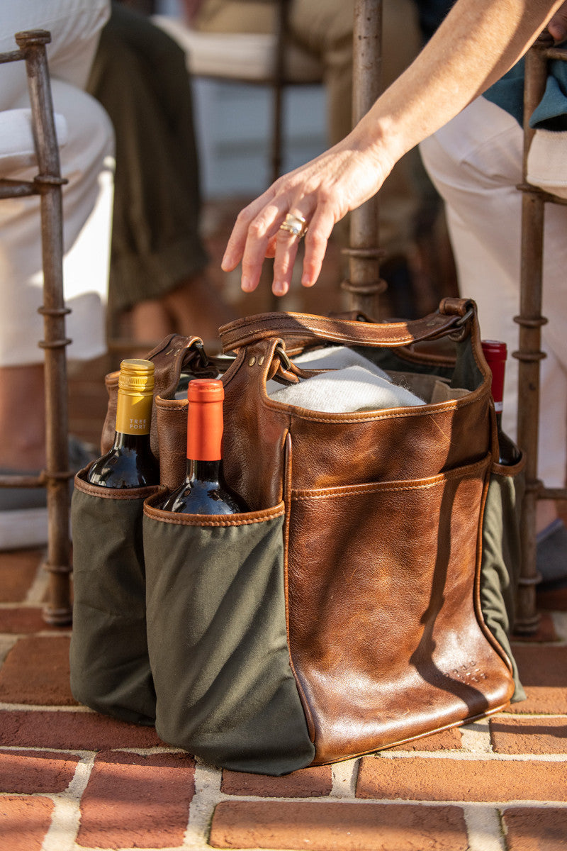 Leather Picnic Tote with Four Wine Bottle Pockets
