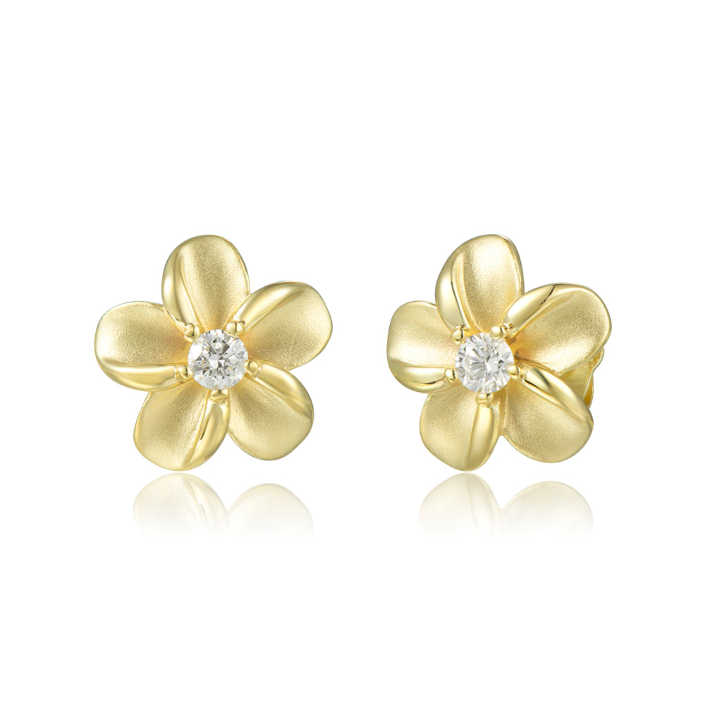 Plumeria Stud Earrings - 14K Gold and Diamonds