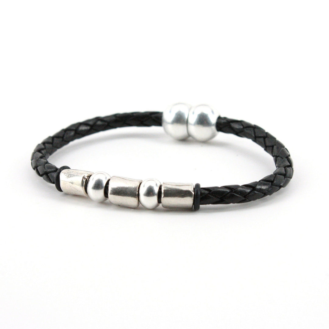 Braided Leather "Andiamo" Bracelet With Sterling Plate Beads - Black