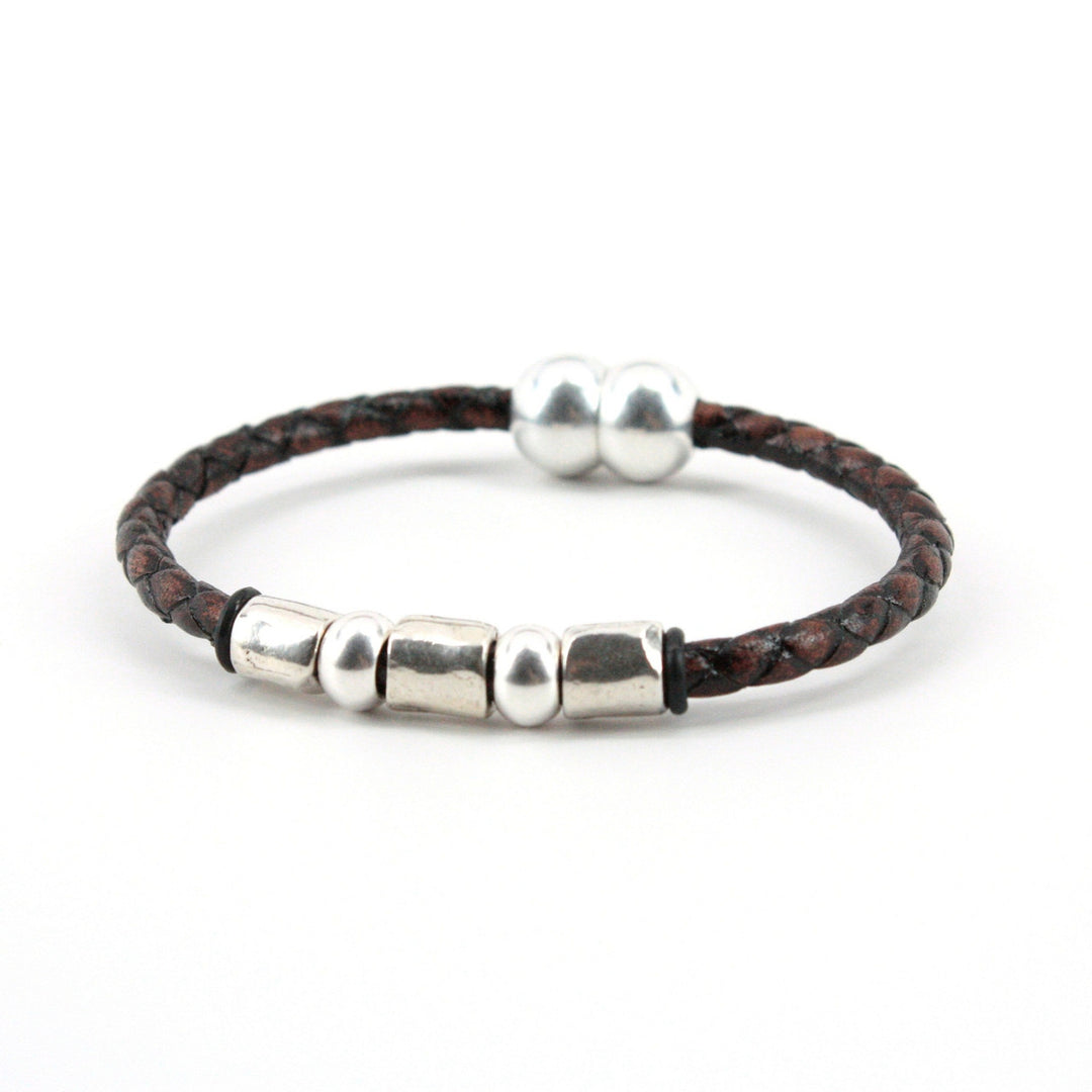 Braided Leather "Andiamo" Bracelet With Sterling Plate Beads - Brown
