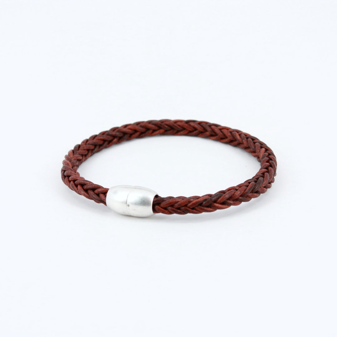 Antiqued Plaited Leather Modo Bracelet - Red Brown