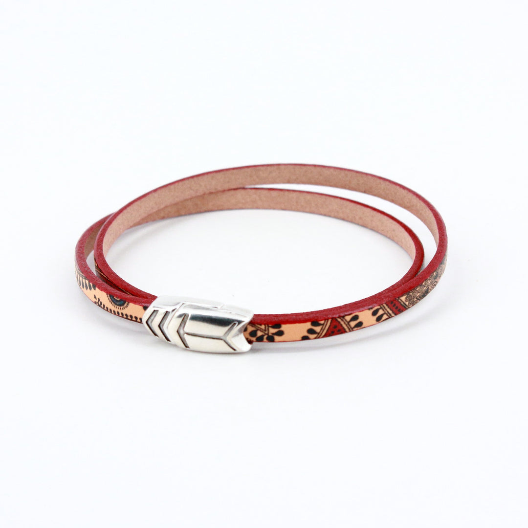 Painted Leather Paisley Bracelet - Red