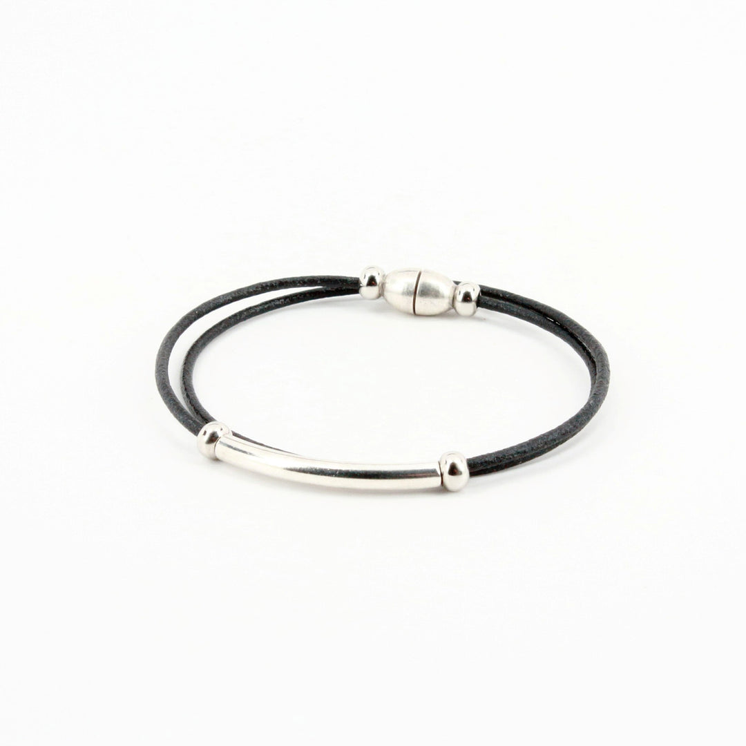 Harness Leather Double Wrap Bracelet With Silver Bar & Beads - Black