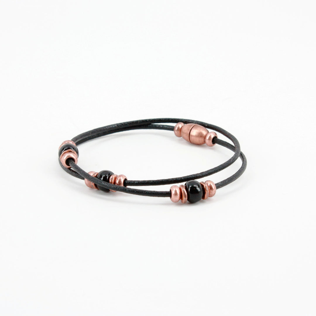 Harness Leather Double Wrap Bracelet With Copper & Black Beads - Black
