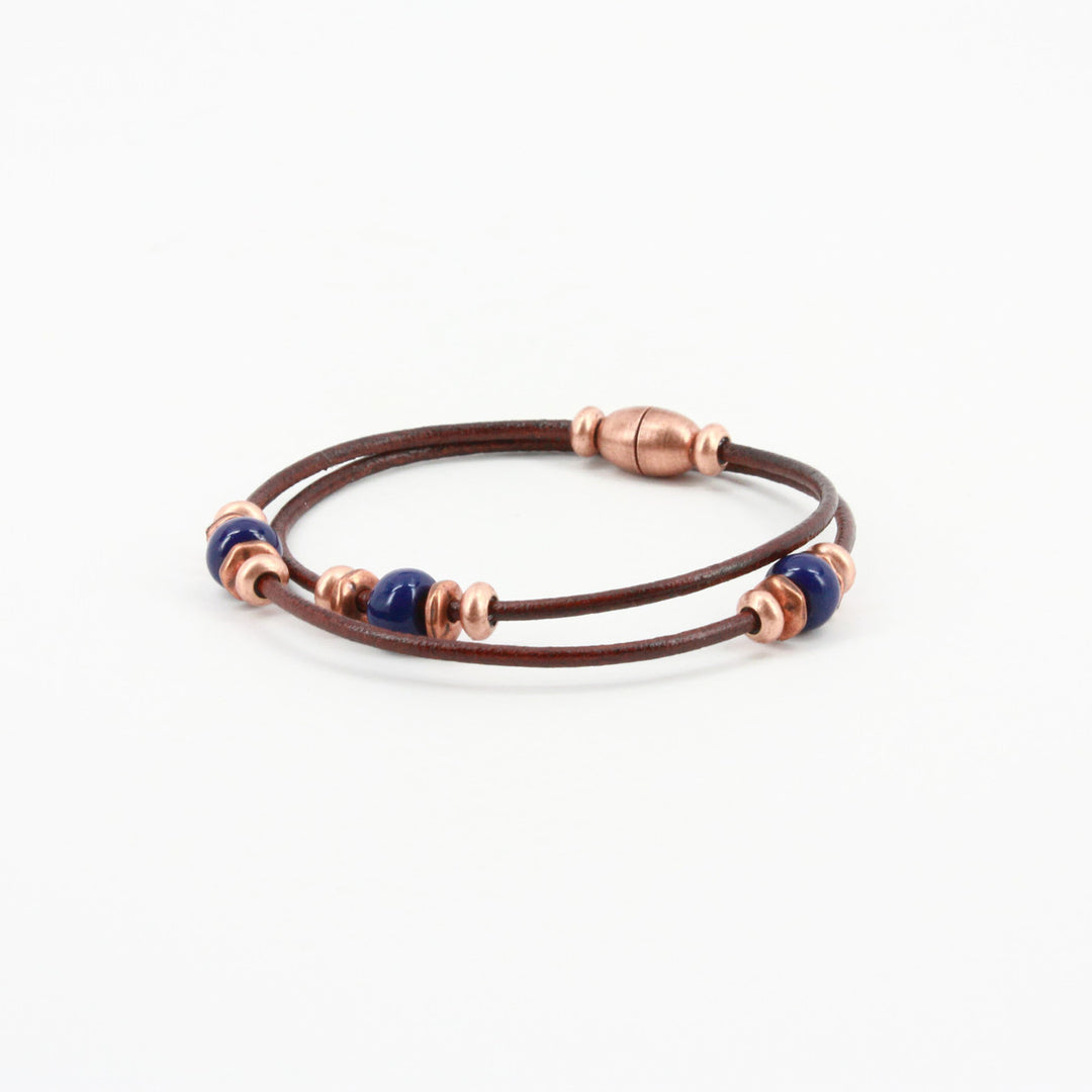 Harness Leather Double Wrap Bracelet With Copper & Navy Beads - Brown