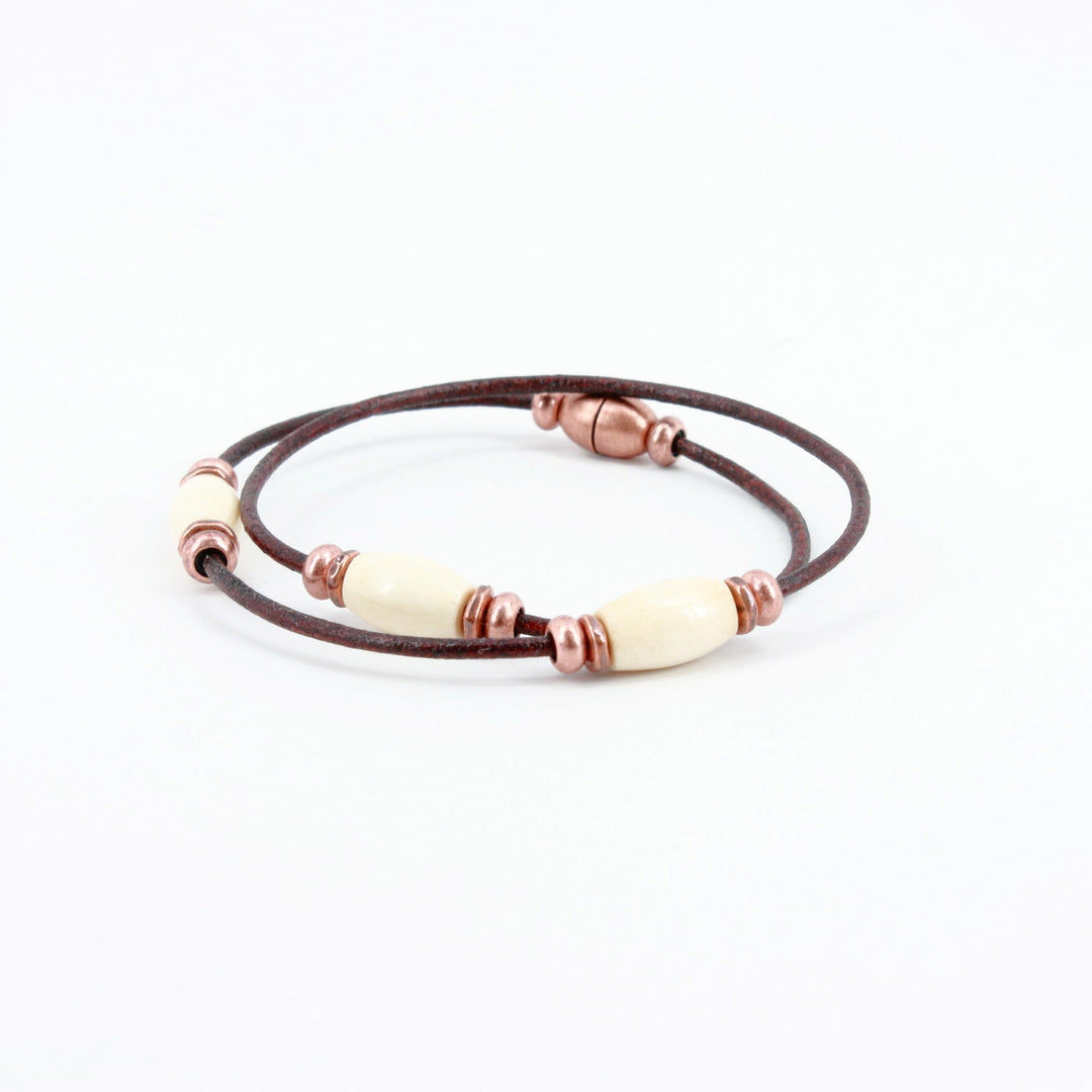 Harness Leather Double Wrap Bracelet With Copper & Bone Beads - Brown