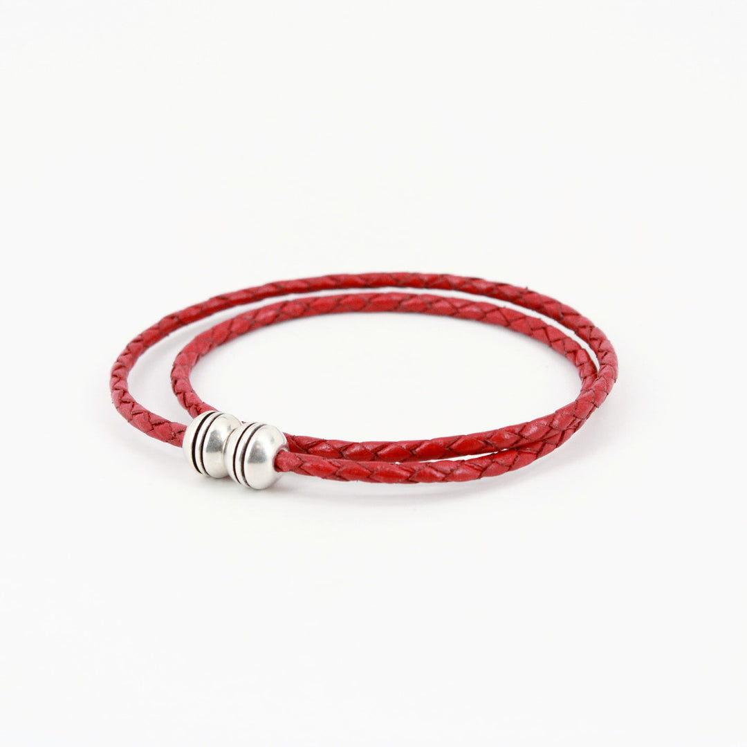 Braided Harness Leather Double Wrap Bracelet - Red