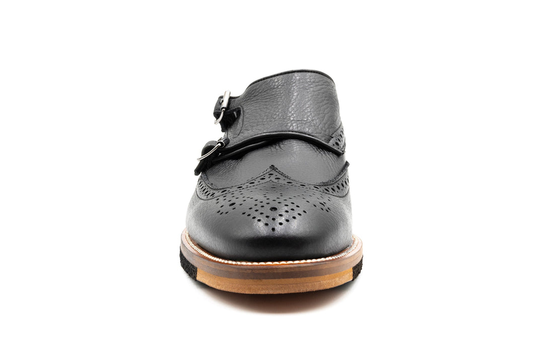Tuscan Italian Pebble Grain Calf Leather Double Monk - Black