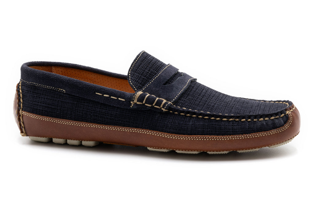 Monte Carlo Water Repellent Suede Penny Loafers in Navy