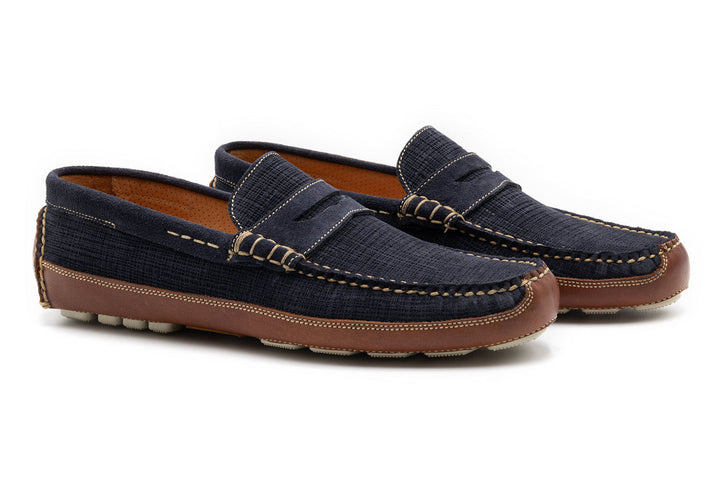 Monte Carlo Water Repellent Suede Penny Loafers in Navy