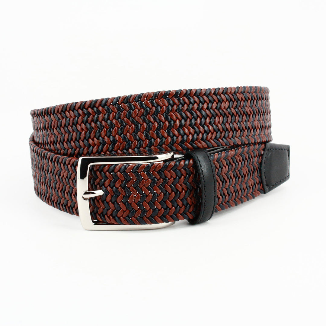 Italian Braided Stretch Leather Cording Belt - Black/cognac