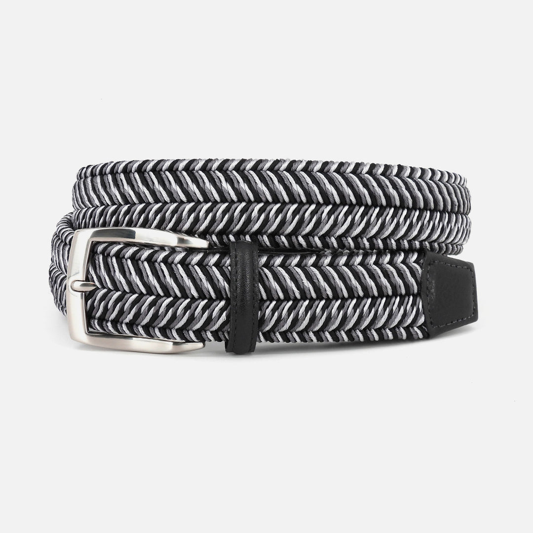 Italian Woven Herringbone Rayon Stretch Belt in Black and Grey