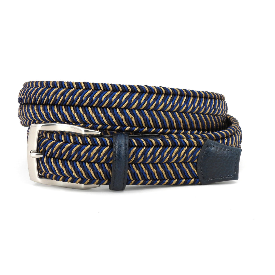Italian Woven Herringbone Rayon Stretch Belt in Navy and Khaki