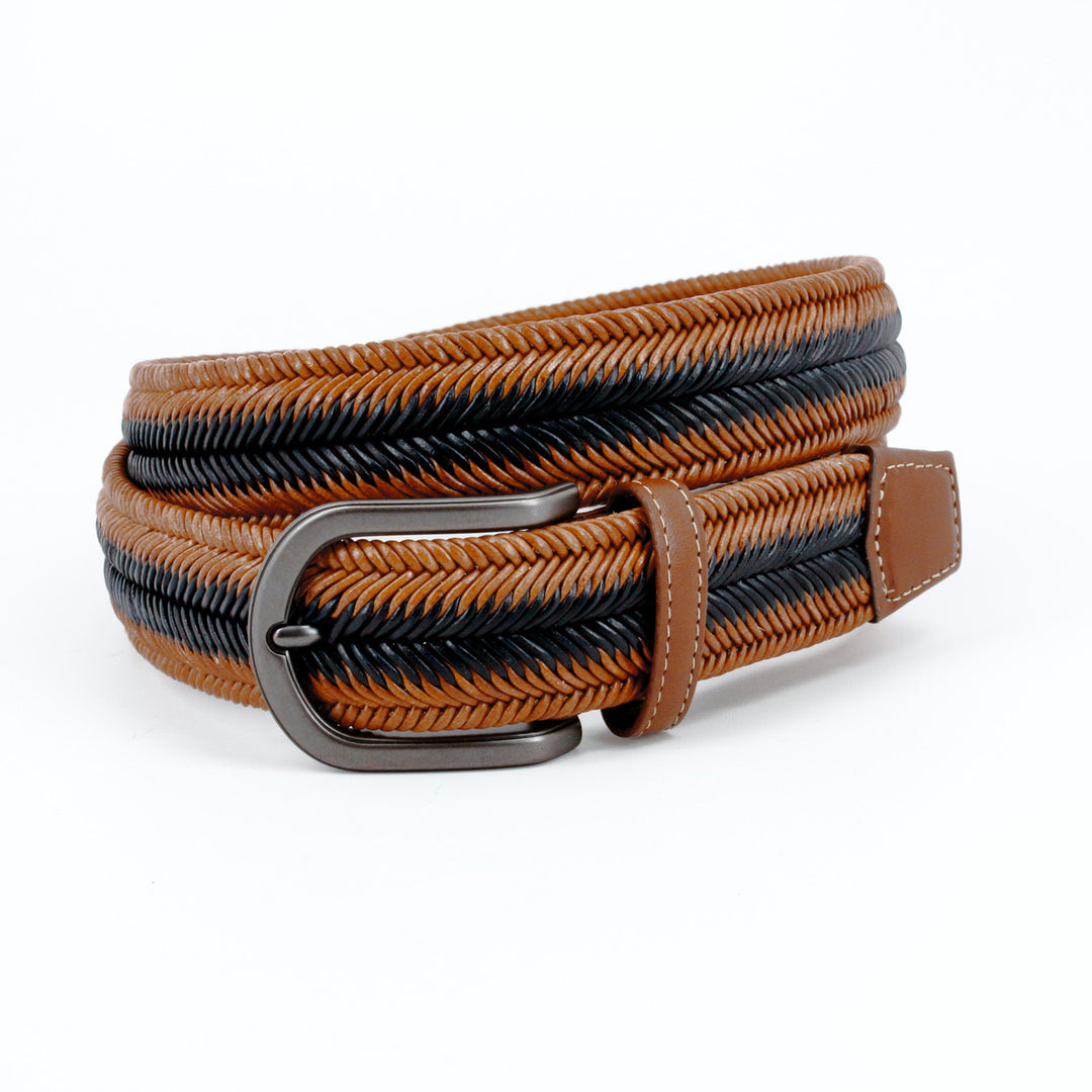 Two-tone Italian Woven Herringbone Stretch Leather Belt - Saddle/navy