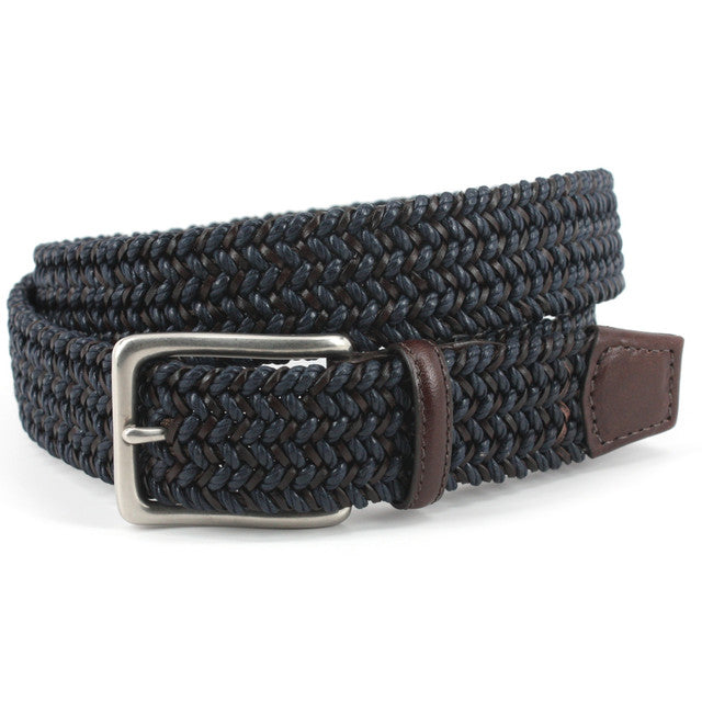 Italian Woven Cotton & Leather Belt - Navy/Brown