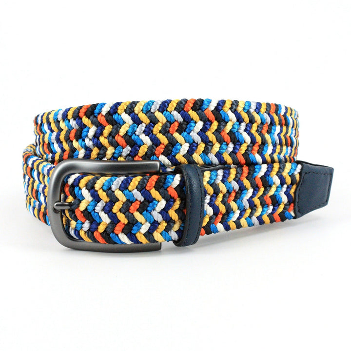 Italian Woven Rayon Elastic Belt - Navy Blue, Orange & Yellow Multi-Color