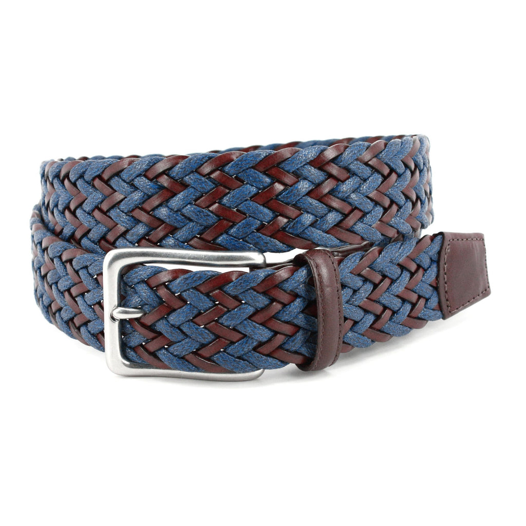 Italian Chevron Braided Leather & Linen Belt - Brown/Taupe