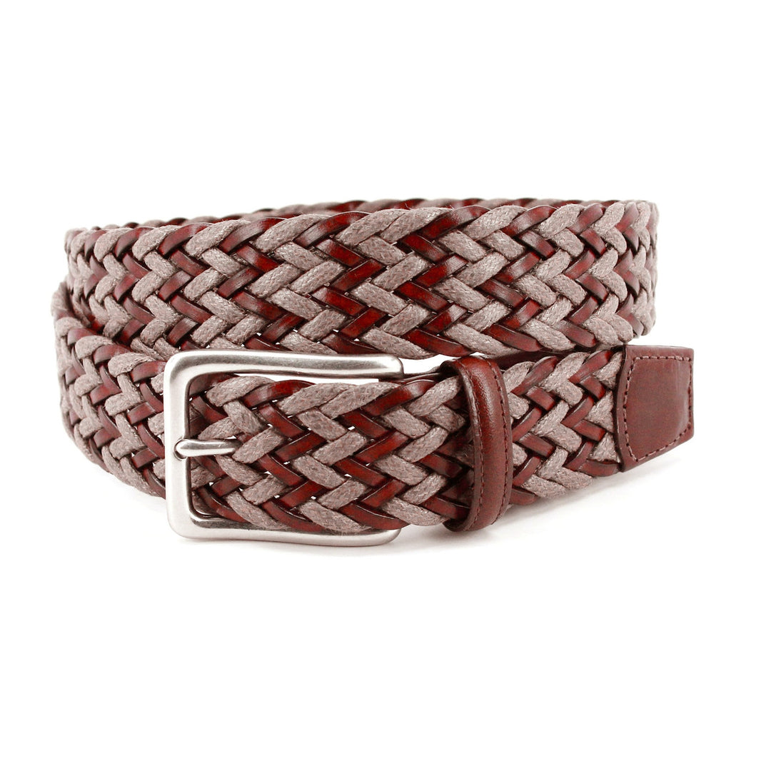 Italian Chevron Braided Leather & Linen Belt - Brown/taupe
