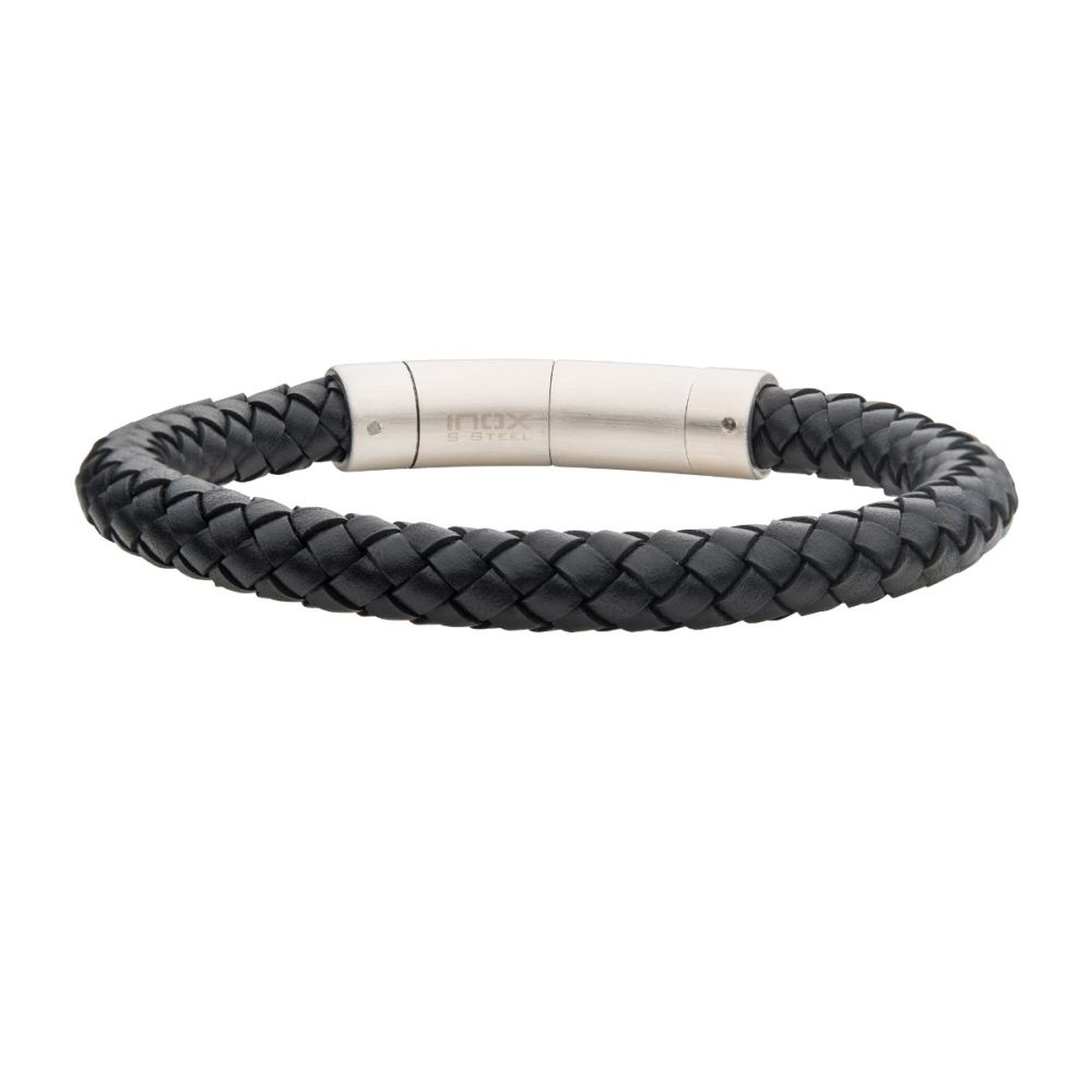 Men's Full Grain Braided Leather Bracelet with Stainless Steel Clasp - 8 mm, Black