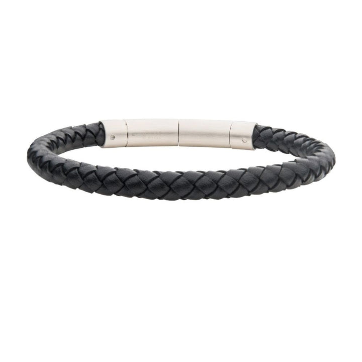 Men's Full Grain Braided Leather Bracelet with Stainless Steel Clasp - 6 mm, Black