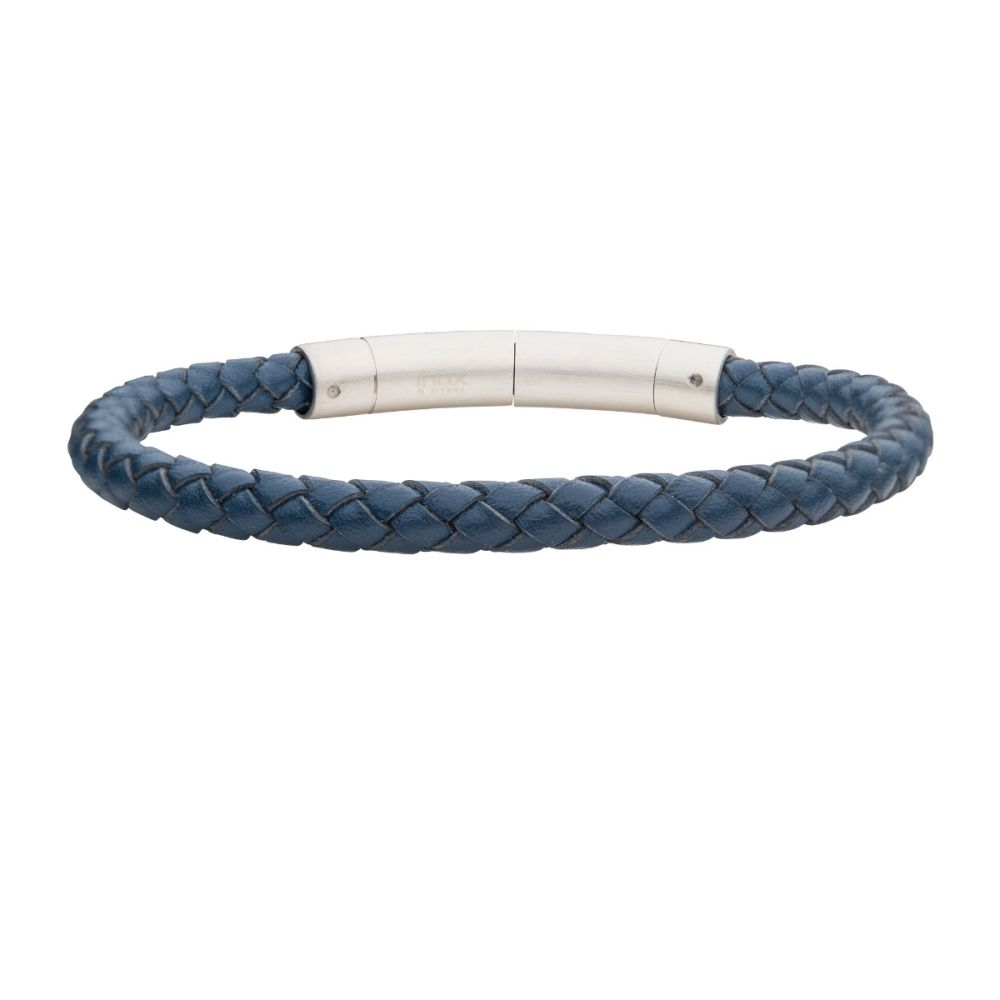 Men's Full Grain Braided Leather Bracelet with Stainless Steel Clasp - 6 mm, Blue