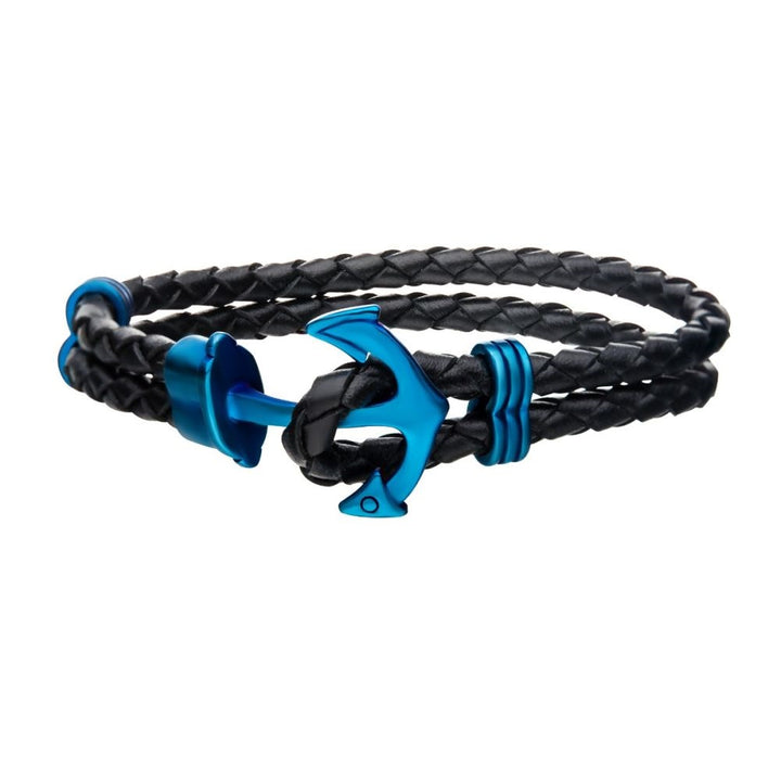 Men's Braided Full Grain Leather Bracelet with Blue Anchor in Black