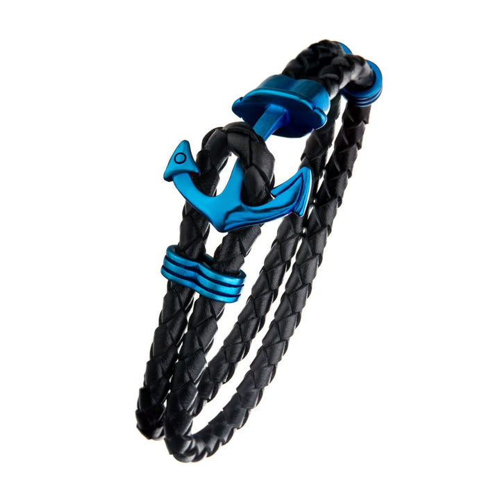 Men's Braided Full Grain Leather Bracelet with Blue Anchor in Black