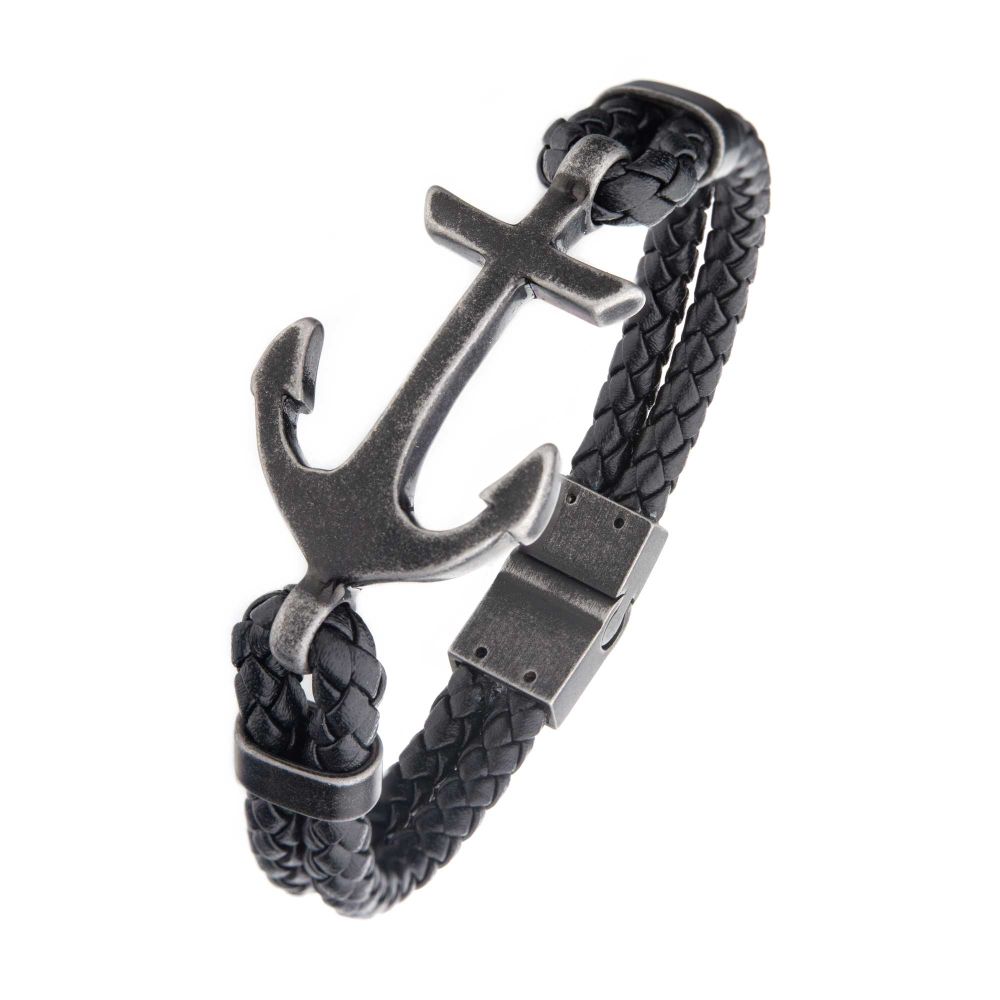 Men's Braided Full Grain Leather Bracelet with Antique Finish Anchor in Black