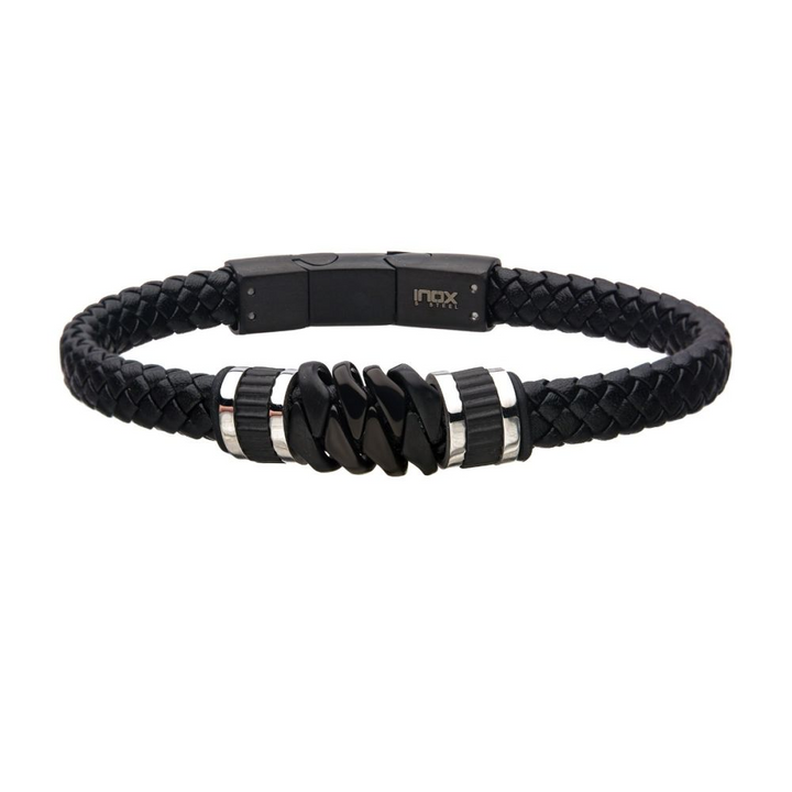 Men's Black Braided Leather Bracelet with Black Stainless Steel Accents