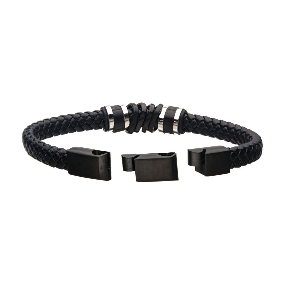 Men's Black Braided Leather Bracelet with Black Stainless Steel Accents