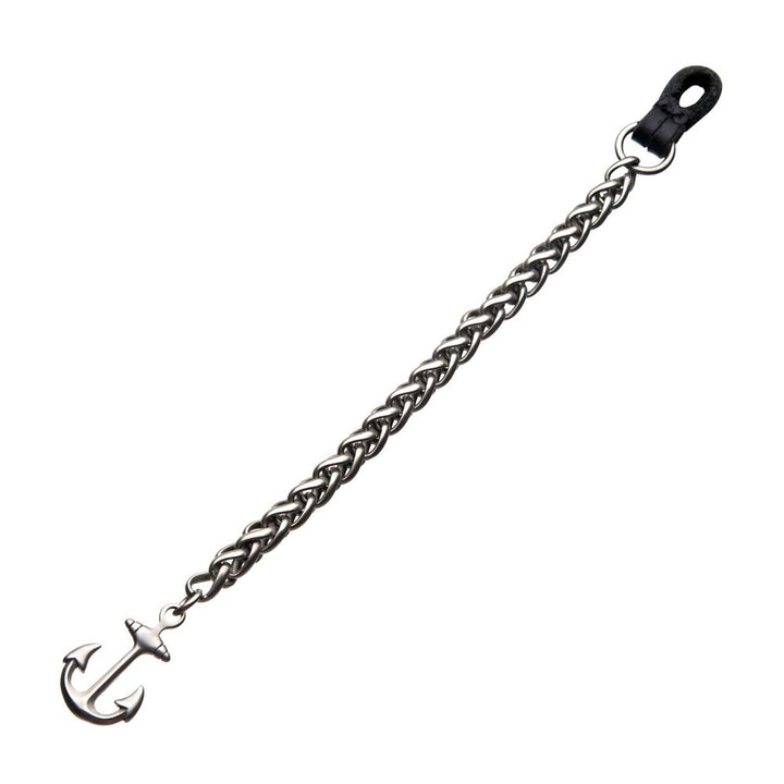 Men's Stainless Steel Chain Bracelet with Anchor and Black Leather Clasp