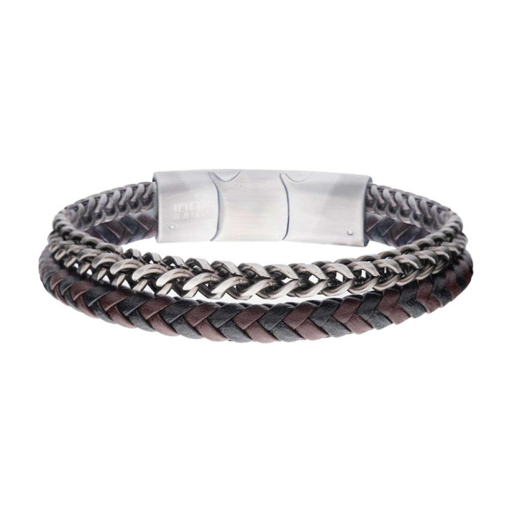 Men's Braided Leather and Stainless Steel Foxtail Chain Multi-Strand Bracelet