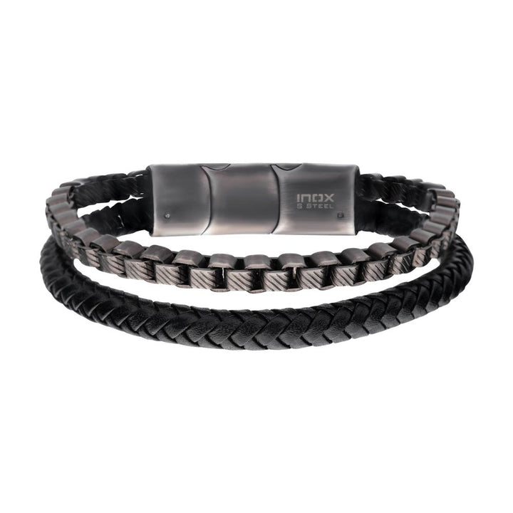 Men's Braided Black Leather with Stainless Steel Box Chain Multi-Strand Bracelet