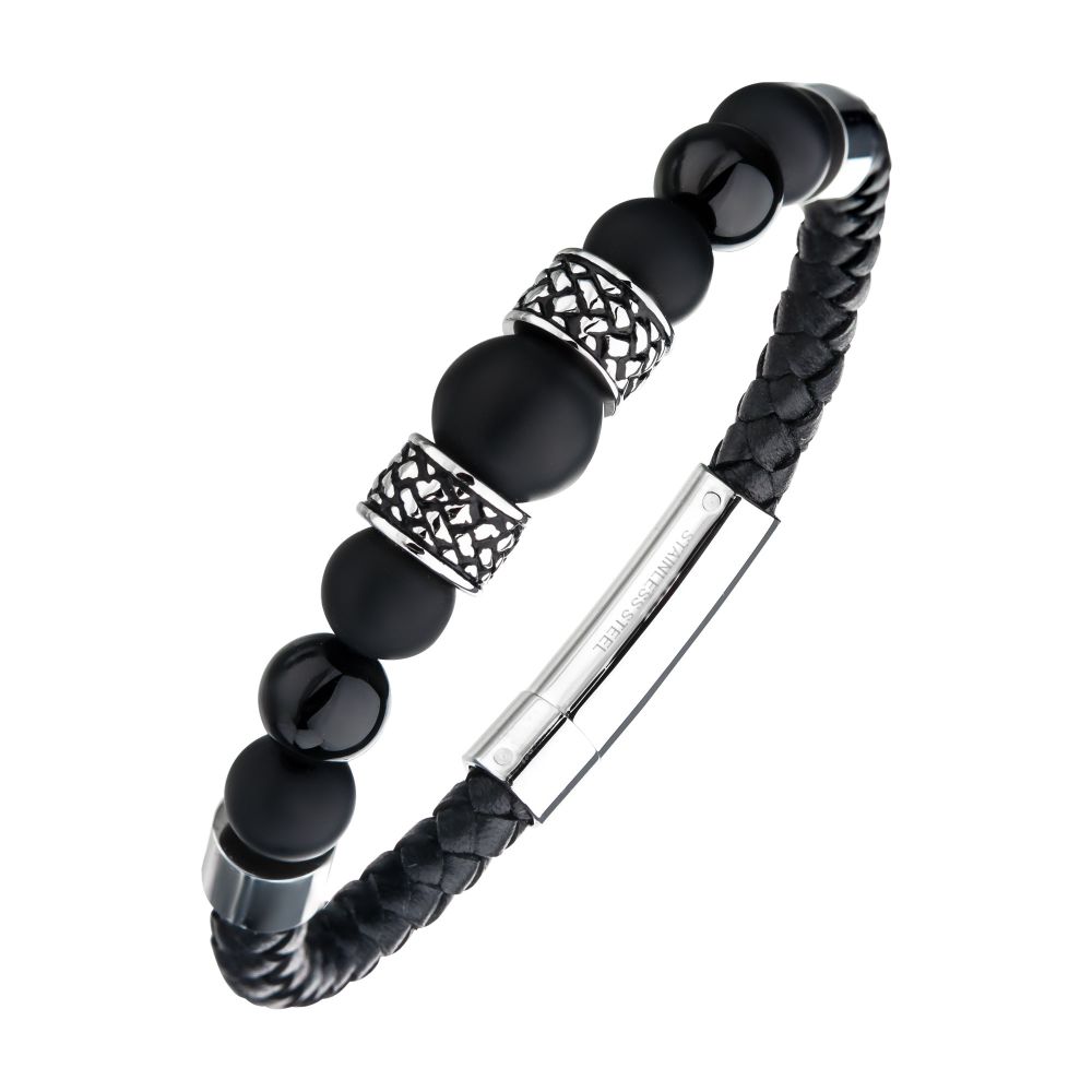 Men's Black Full Grain Braided Leather Bracelet with Round Onyx Beads