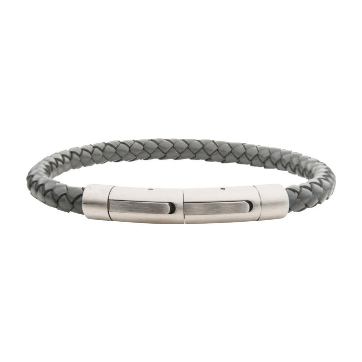 Men's Full Grain Braided Leather Bracelet with Stainless Steel Clasp - 6 mm, Grey