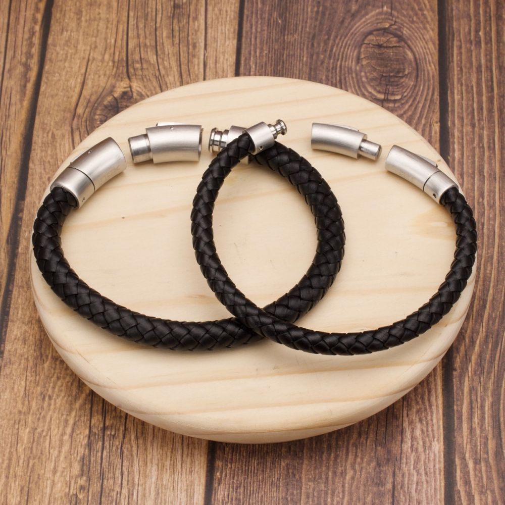 Men's Full Grain Braided Leather Bracelet with Stainless Steel Clasp - 6 mm, Black