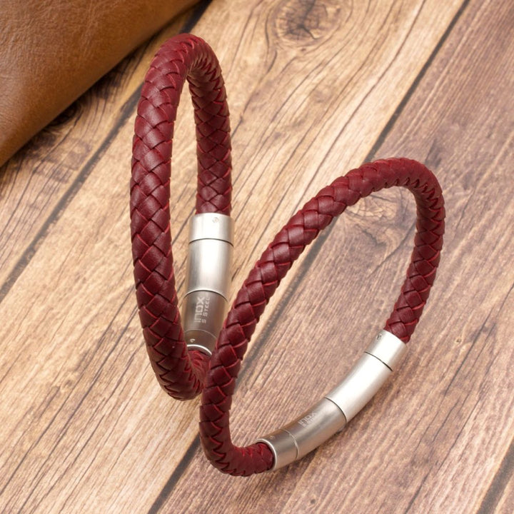 Men's Full Grain Braided Leather Bracelet with Stainless Steel Clasp - 6 mm, Burgundy