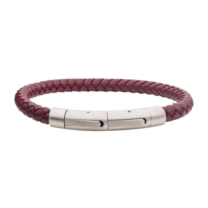 Men's Full Grain Braided Leather Bracelet with Stainless Steel Clasp - 6 mm, Burgundy