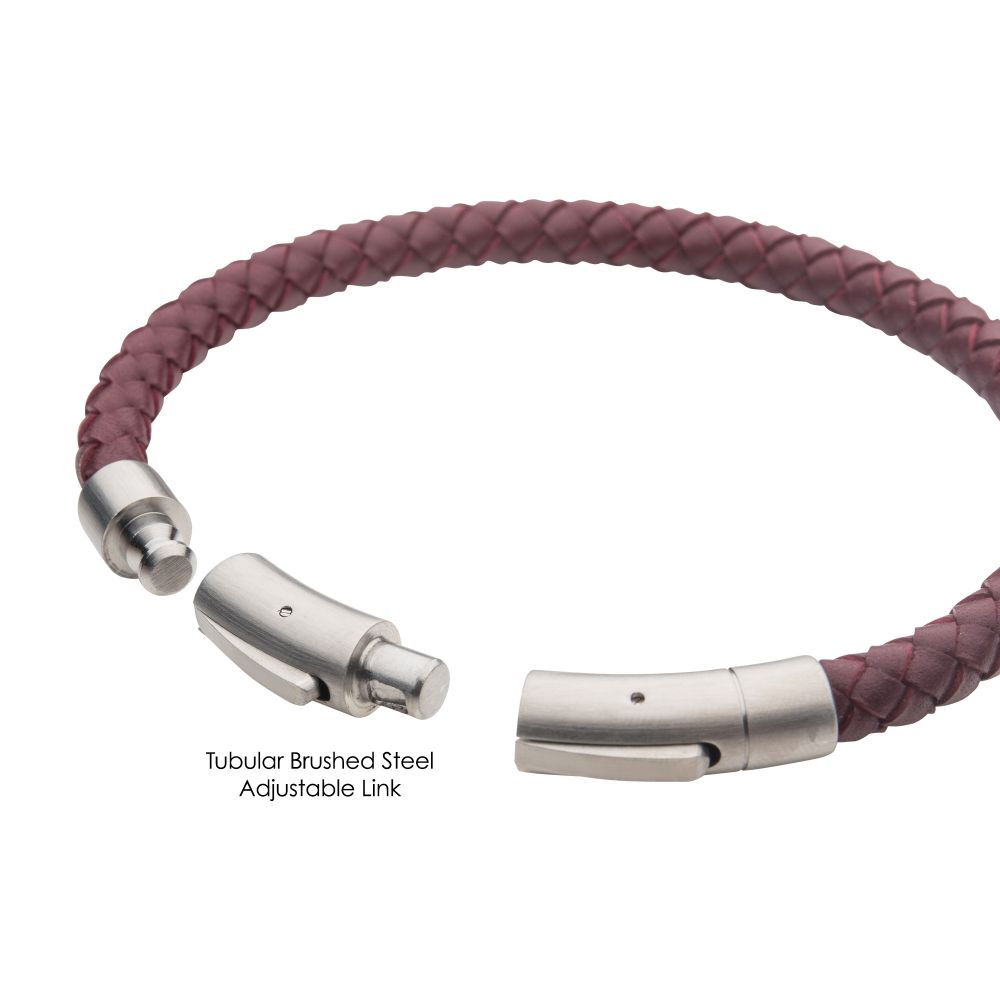 Men's Full Grain Braided Leather Bracelet with Stainless Steel Clasp - 6 mm, Burgundy