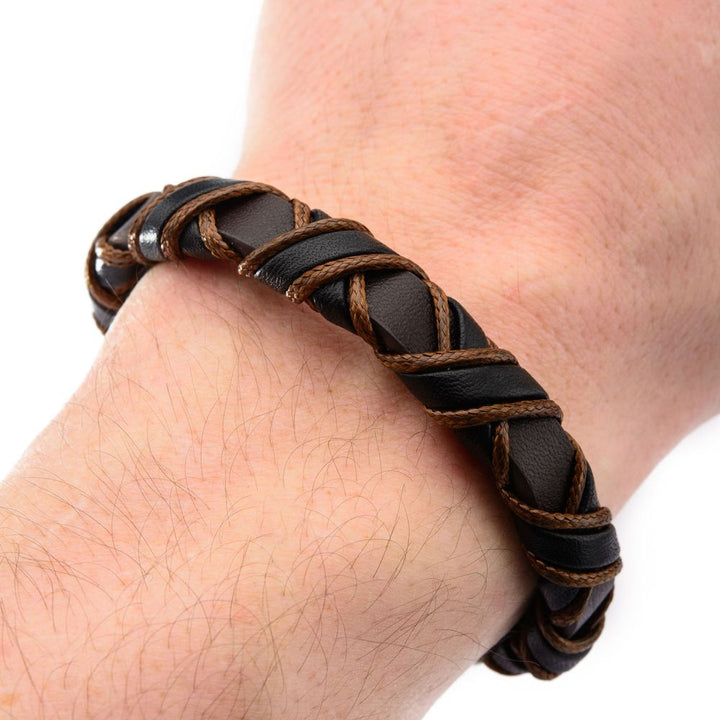 Men's Woven Full Grain Leather Bracelet in Black and Light Brown