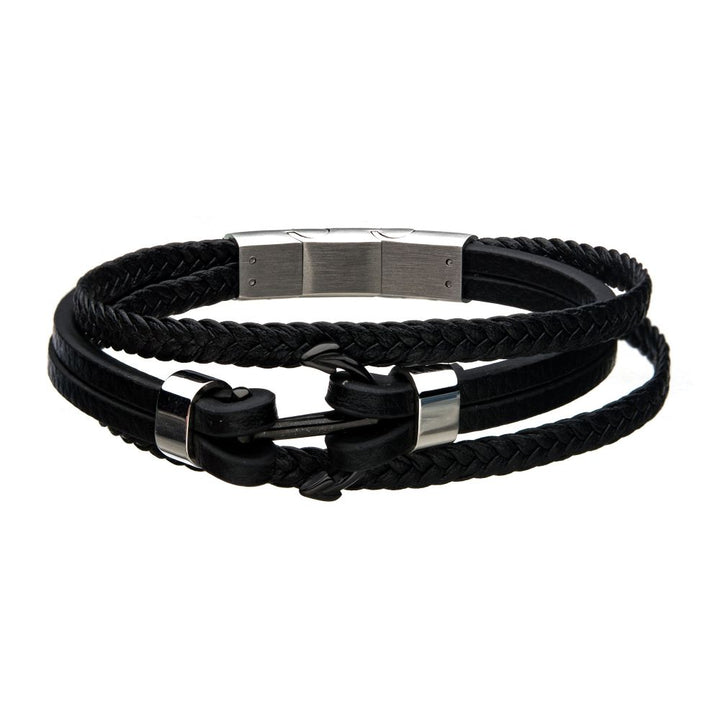 Men's Braided Multi-Strand Leather Bracelet with Steel Stoppers and Anchor Accent