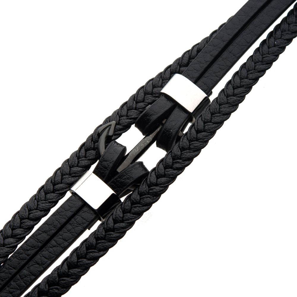 Men's Braided Multi-Strand Leather Bracelet with Steel Stoppers and Anchor Accent