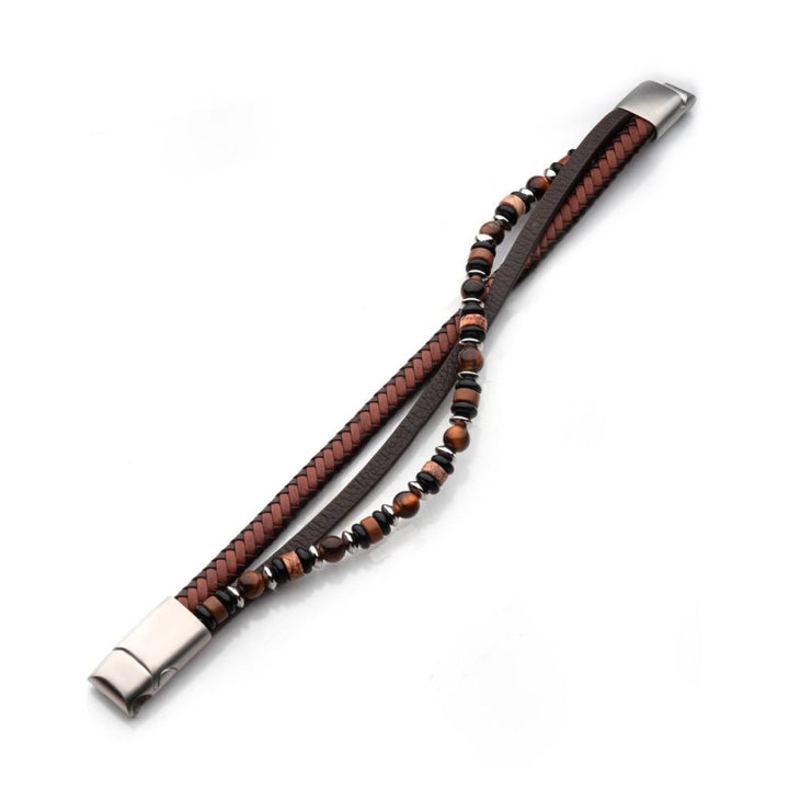 Men's Braided Multi-Strand Full Grain Leather Bracelet with Onyx, Tiger's Eye and Picasso Jasper Stone