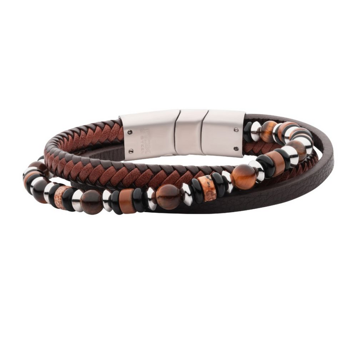 Men's Braided Multi-Strand Full Grain Leather Bracelet with Onyx, Tiger's Eye and Picasso Jasper Stone