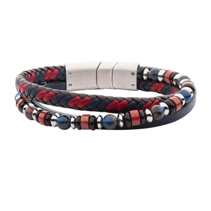 Men's Full Grain Leather Bracelet with Onyx and Red Agate