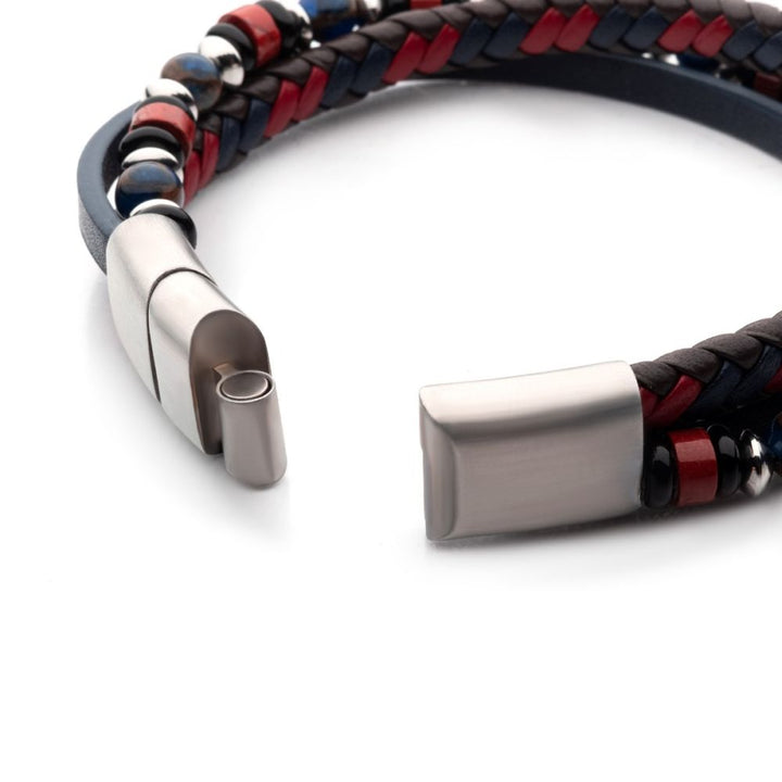 Men's Full Grain Leather Bracelet with Onyx and Red Agate