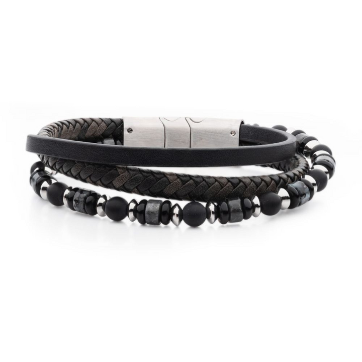 Men's Black and Grey Full Grain Leather Multi-Strand Bracelet with Black Onyx and White Howlite Stone