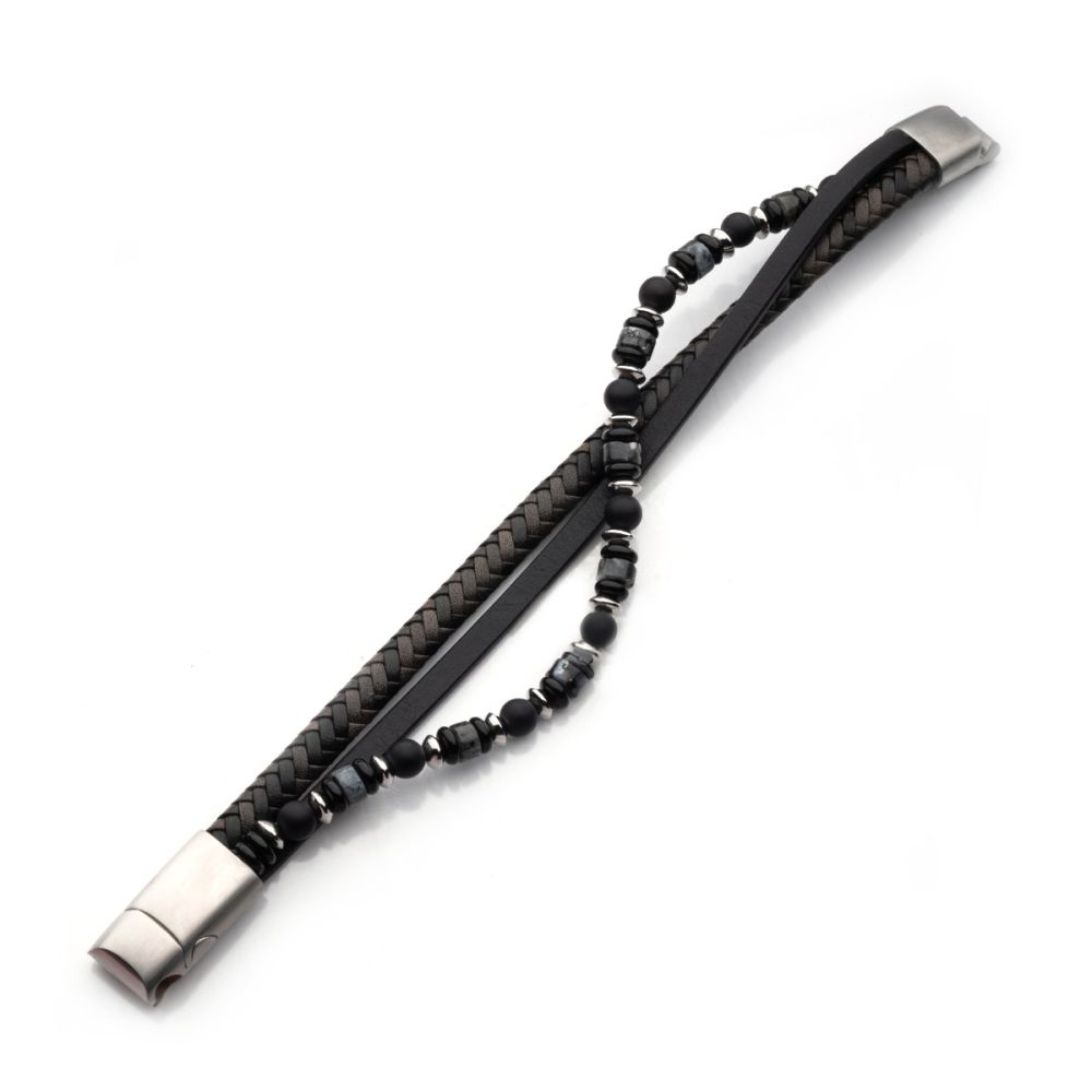 Men's Black and Grey Full Grain Leather Multi-Strand Bracelet with Black Onyx and White Howlite Stone